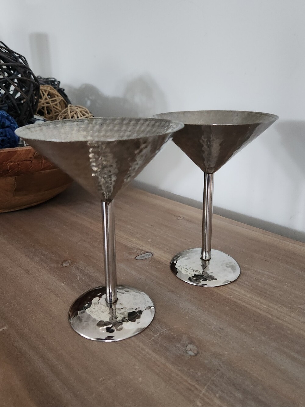 Pair of Hammered Silver Tone Metal Martini Glasses Cocktail Barware 6-Inch Tall